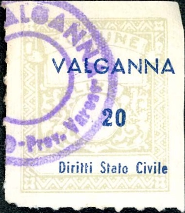 Marca da Bollo del Comune di VALGANNA su Carta Bianca di dimensioni 21 X 27 mm