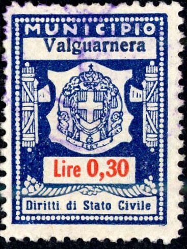 Marca da Bollo del Comune di VALGUARNERA CAROPEPE su Carta Bianca Sottile di dimensioni 20,5 x 27,5 mm