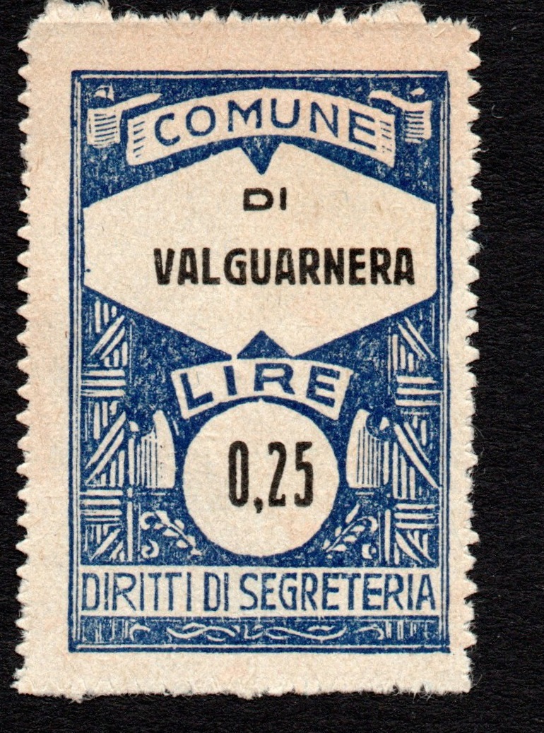 Marca da Bollo del Comune di VALGUARNERA CAROPEPE su Carta Bianca Sottile di dimensioni 21 X 32 mm