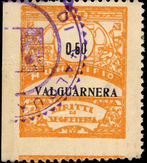 Marca da Bollo del Comune di VALGUARNERA CAROPEPE su Carta Bianca Sottile di dimensioni 24,5 x 31 mm