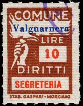 Marca da Bollo del Comune di VALGUARNERA CAROPEPE su Carta Bianca di dimensioni 18 x 26 mm