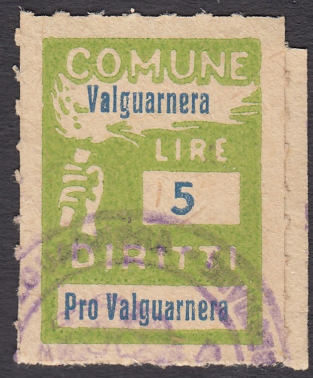 Marca da Bollo del Comune di VALGUARNERA CAROPEPE su Carta Bianca di dimensioni 18 x 26 mm