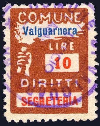 Marca da Bollo del Comune di VALGUARNERA CAROPEPE su Carta Bianca Sottile di dimensioni 18,5 x 25 mm
