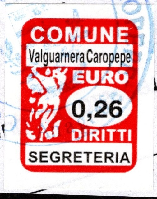 Marca da Bollo del Comune di VALGUARNERA CAROPEPE su Carta Bianca di dimensioni 16 x 22 mm