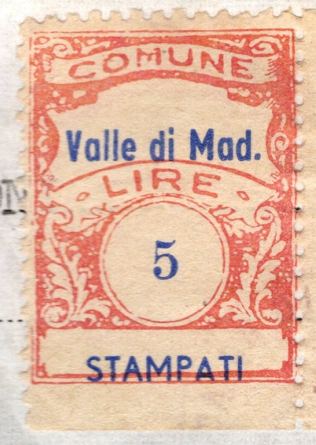 Marca da Bollo del Comune di VALLE DI MADDALONI su Carta Bianca di dimensioni 21 X 27 mm