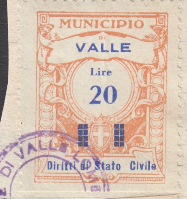 Marca da Bollo del Comune di VALLE LOMELLINA su Carta Bianca di dimensioni 24 x 31 mm