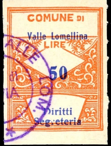 Marca da Bollo del Comune di VALLE LOMELLINA su Carta Bianca di dimensioni 22 x 28,5 mm