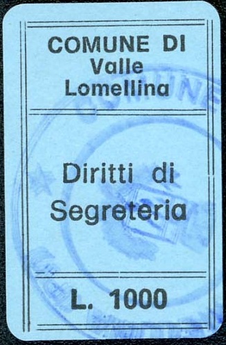 Marca da Bollo del Comune di VALLE LOMELLINA su Carta Bianca di dimensioni 21 x 30 mm