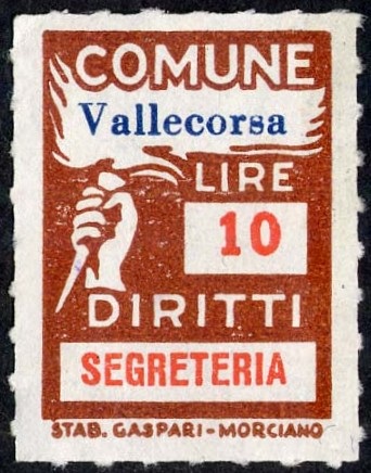 Marca da Bollo del Comune di VALLECORSA su Carta Bianca di dimensioni 18,5 x 26 mm