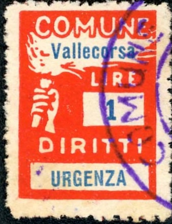 Marca da Bollo del Comune di VALLECORSA su Carta Bianca di dimensioni 18,5 x 25,5 mm