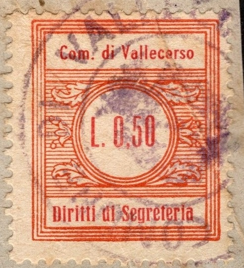 Marca da Bollo del Comune di VALLECORSA su Carta Bianca di dimensioni 22 x 25,5 mm