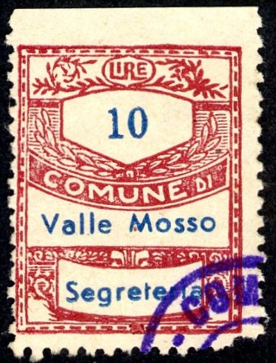 Marca da Bollo del Comune di VALLE MOSSO su Carta Bianca Sottile di dimensioni 22 x 28 mm
