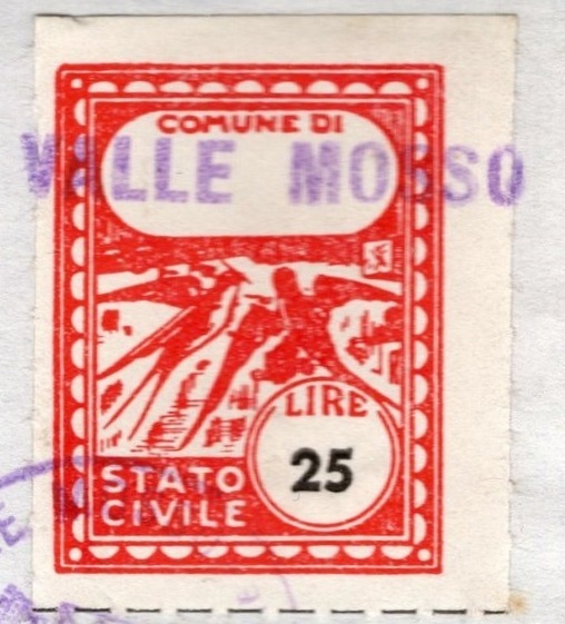 Marca da Bollo del Comune di VALLE MOSSO su Carta Bianca di dimensioni 22 x 28 mm