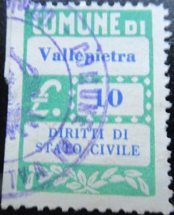 Marca da Bollo del Comune di VALLEPIETRA su Carta Bianca di dimensioni 20 x 28 mm