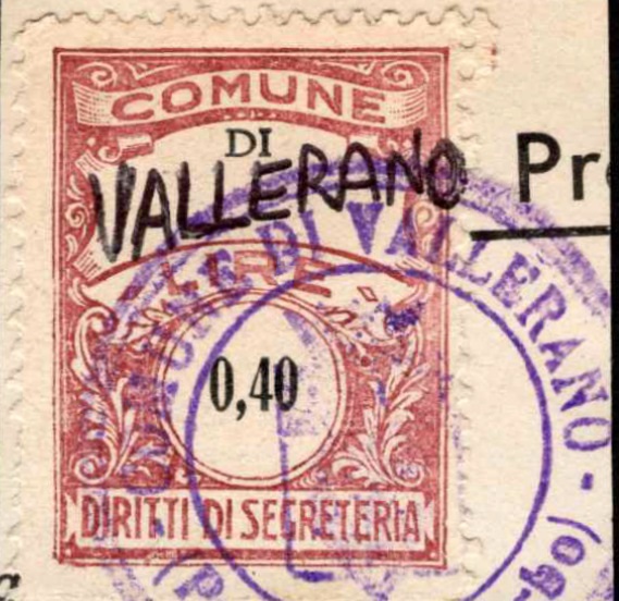 Marca da Bollo del Comune di VALLERANO su Carta Bianca di dimensioni 22 x 29 mm