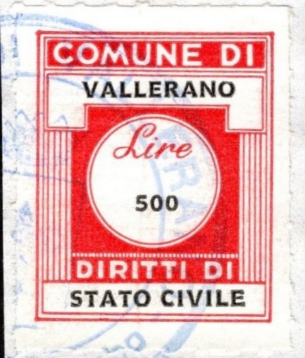 Marca da Bollo del Comune di VALLERANO su Carta Bianca di dimensioni 21 X 27 mm