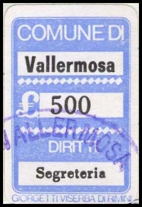 Marca da Bollo del Comune di VALLERMOSA su Carta Bianca di dimensioni 16 x 25 mm