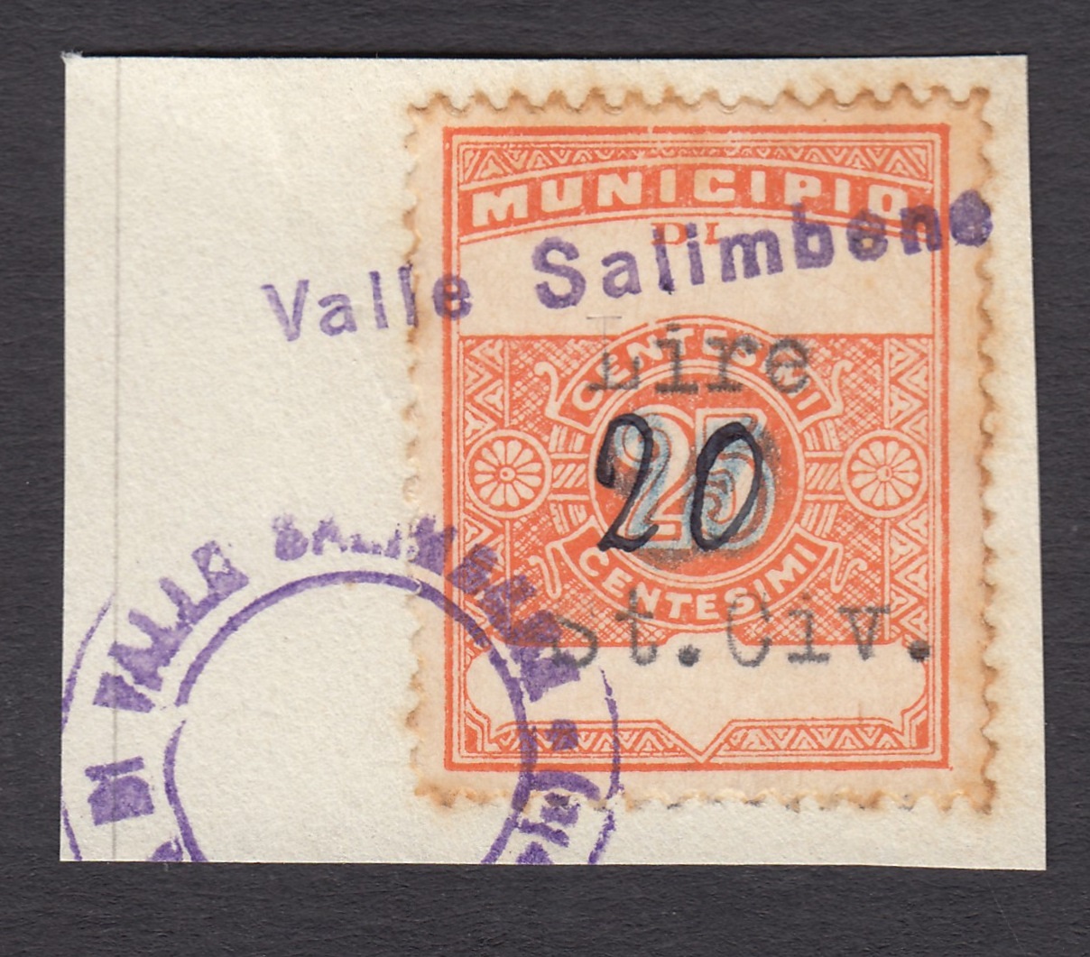Marca da Bollo del Comune di VALLE SALIMBENE su Carta Bianca di dimensioni 23 x 29 mm