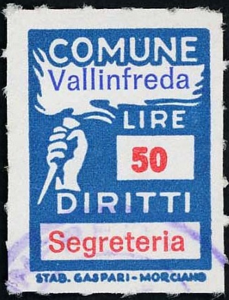 Marca da Bollo del Comune di VALLINFREDA su Carta Bianca Sottile di dimensioni 18 X 25,5 mm