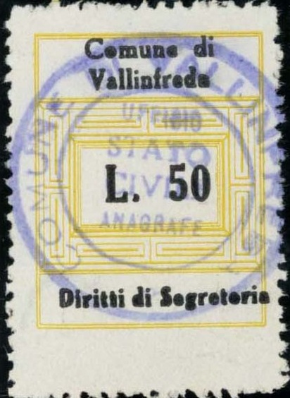 Marca da Bollo del Comune di VALLINFREDA su Carta Bianca di dimensioni 23 x 29,5 mm