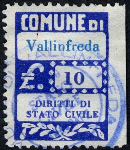 Marca da Bollo del Comune di VALLINFREDA su Carta Bianca di dimensioni 20 x 28 mm