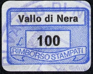 Marca da Bollo del Comune di VALLO DI NERA su Carta Bianca di dimensioni 19 x 14,5 mm