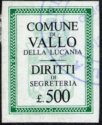 Marca da Bollo del Comune di VALLO DELLA LUCANIA su Carta Bianca di dimensioni 18,5 x 23,5 mm