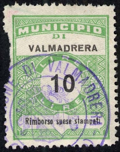 Marca da Bollo del Comune di VALMADRERA su Carta Bianca di dimensioni 22,5 x 29 mm