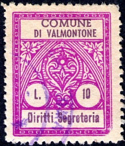 Marca da Bollo del Comune di VALMONTONE su Carta Bianca di dimensioni 21,5 x 27 mm