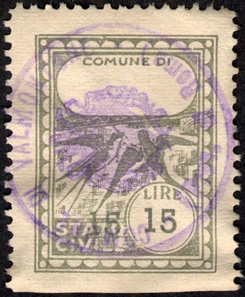 Marca da Bollo del Comune di VALMONTONE su Carta Bianca Sottile di dimensioni 17 x 22,5 mm