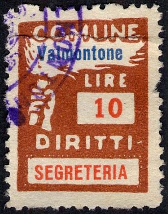 Marca da Bollo del Comune di VALMONTONE su Carta Bianca Sottile di dimensioni 18,5 x 26 mm