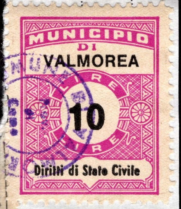 Marca da Bollo del Comune di VALMOREA su Carta Bianca di dimensioni 22 x 29 mm