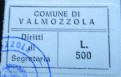 Marca da Bollo del Comune di VALMOZZOLA su Carta Colorata di dimensioni 29 x 16,5 mm
