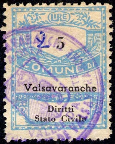 Marca da Bollo del Comune di VALSAVARENCHE su Carta Bianca di dimensioni 21 X 27 mm