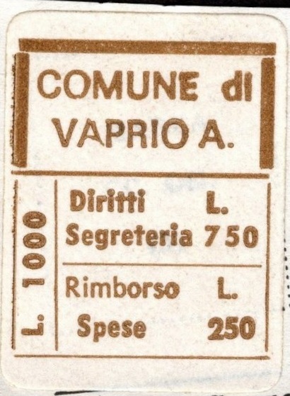 Marca da Bollo del Comune di VAPRIO D´AGOGNA su Carta Bianca di dimensioni 18 x 26 mm