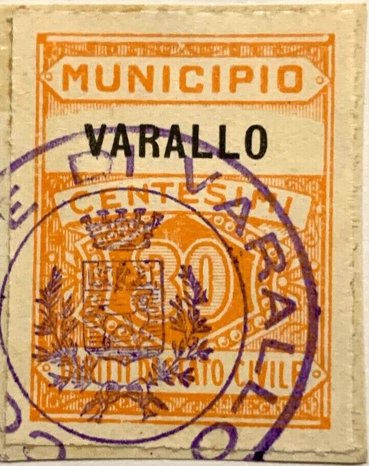 Marca da Bollo del Comune di VARALLO su Carta Bianca di dimensioni 21,5 x 29 mm