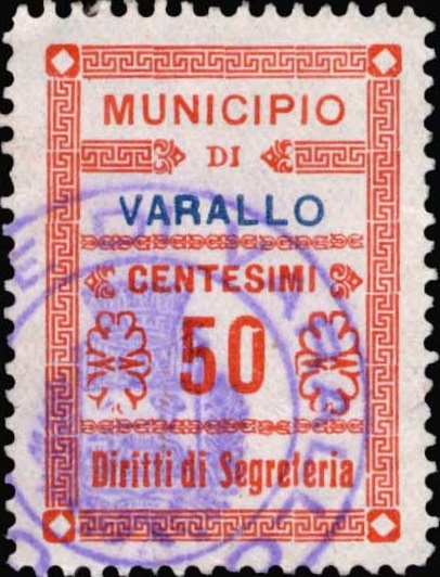 Marca da Bollo del Comune di VARALLO su Carta Bianca di dimensioni 22 x 31 mm