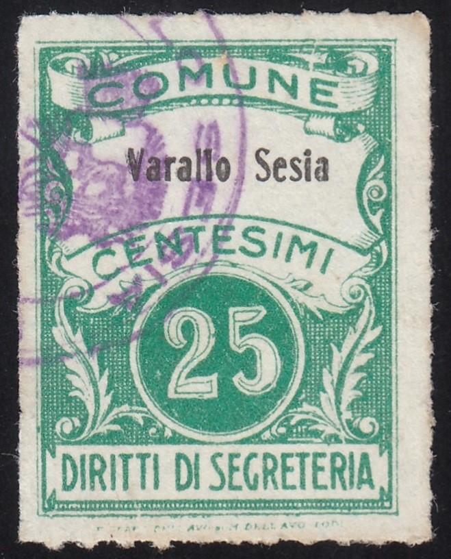 Marca da Bollo del Comune di VARALLO su Carta Bianca di dimensioni 22,5 x 29 mm