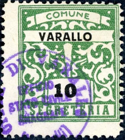 Marca da Bollo del Comune di VARALLO su Carta Bianca di dimensioni 23 x 27 mm