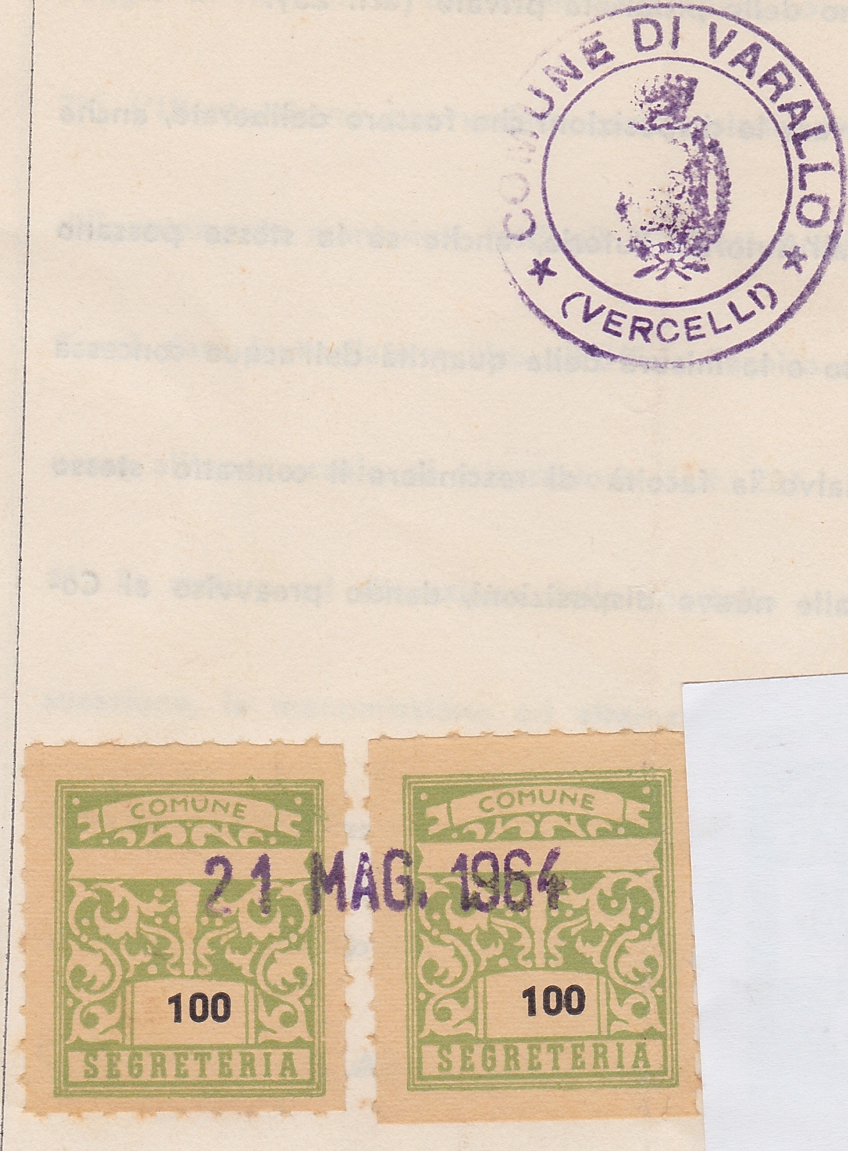 Marca da Bollo del Comune di VARALLO su Carta Bianca di dimensioni 23 x 27 mm