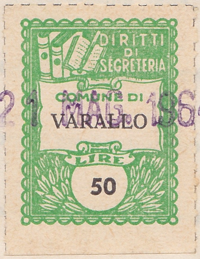 Marca da Bollo del Comune di VARALLO su Carta Bianca di dimensioni 24 x 28 mm