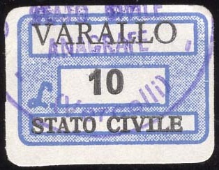 Marca da Bollo del Comune di VARALLO su Carta Bianca di dimensioni 20 x 11 mm