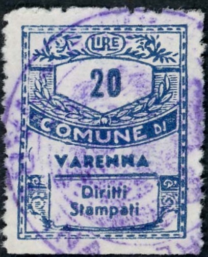 Marca da Bollo del Comune di VARENNA su Carta Bianca di dimensioni 21,5 x 28 mm