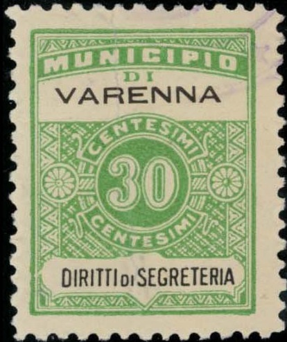 Marca da Bollo del Comune di VARENNA su Carta Bianca di dimensioni 22,5 x 29 mm