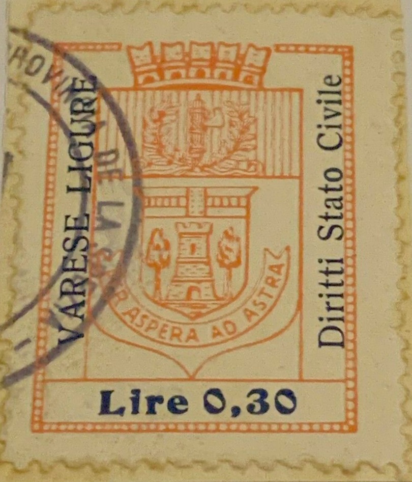 Marca da Bollo del Comune di VARESE LIGURE su Carta Bianca di dimensioni 23 x 28 mm