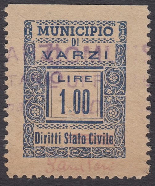 Marca da Bollo del Comune di VARZI su Carta Colorata di dimensioni 20 x 27 mm