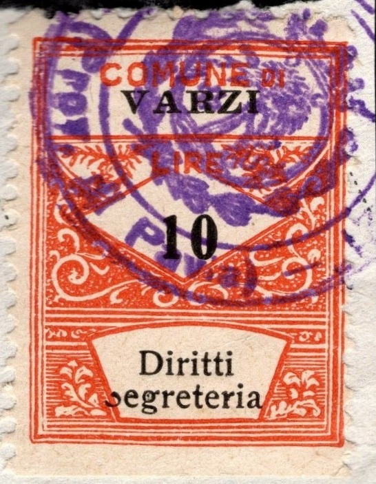 Marca da Bollo del Comune di VARZI su Carta Bianca di dimensioni 21,5 x 28,5 mm