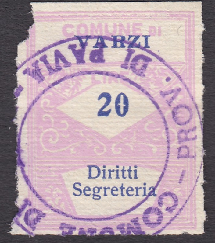 Marca da Bollo del Comune di VARZI su Carta Bianca di dimensioni 21,5 x 28,5 mm