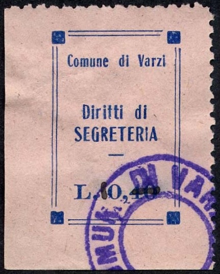 Marca da Bollo del Comune di VARZI su Carta Colorata di dimensioni 17,5 x 26 mm