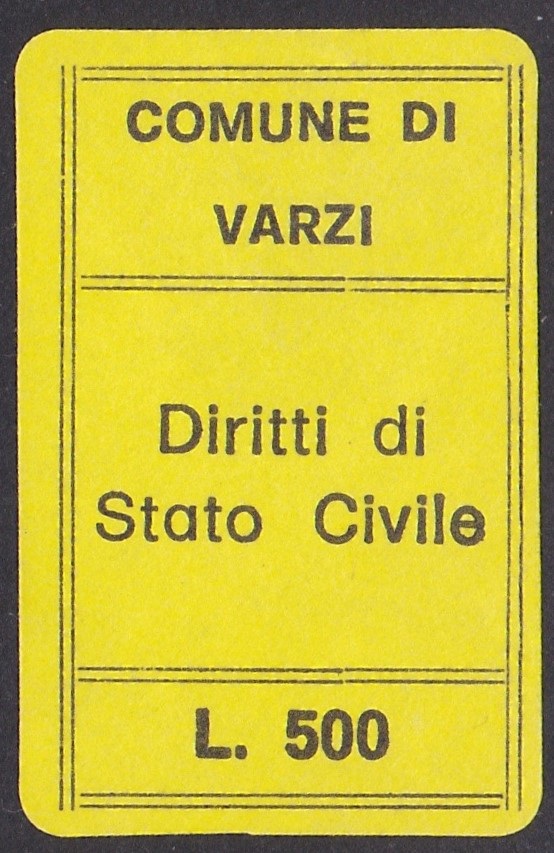 Marca da Bollo del Comune di VARZI su Carta Colorata di dimensioni 19 x 31 mm